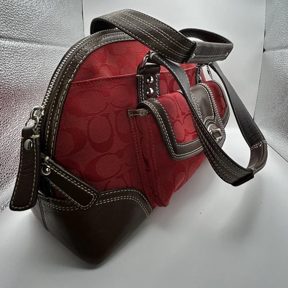 Coach Miranda Signature Red Canvas Brown Leather Satchel Bag Y2K